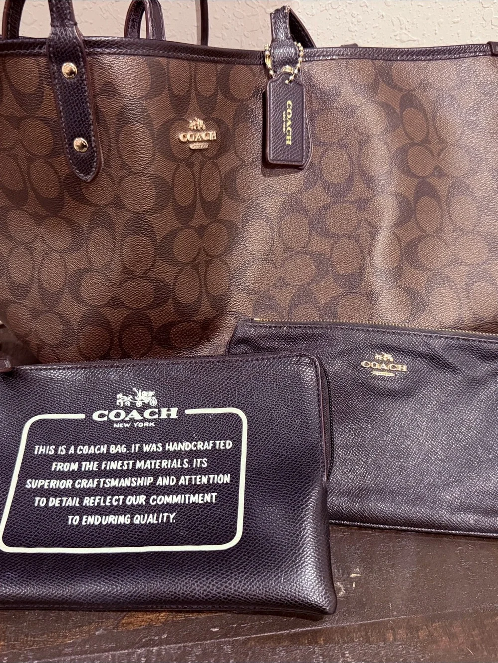 Coach Brown Signature Tote with Dark Brown Wallets Set